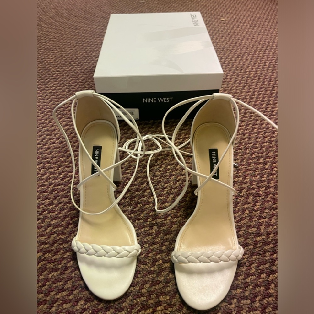 Nine West white ankle wrap heels size 8.5